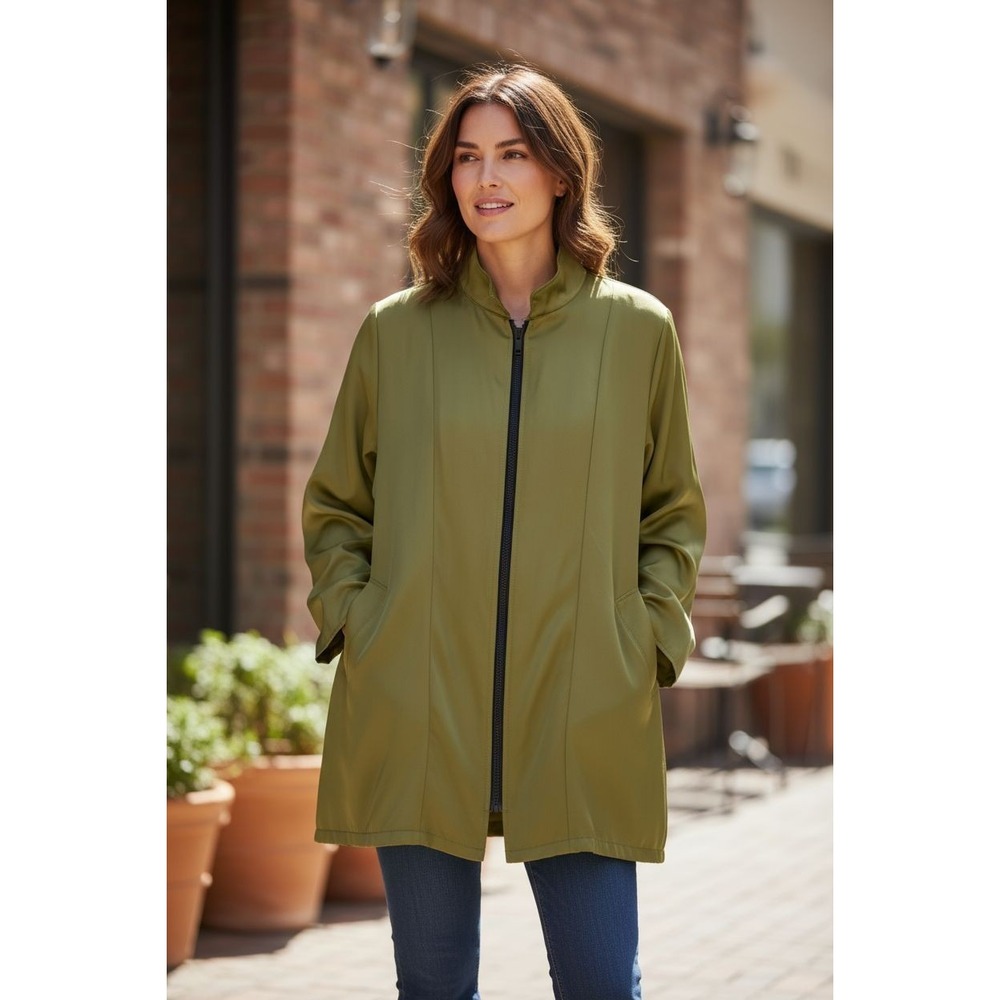 MARALYCE FERREE Women's Sz M LONG COAT‎ USA MADE YKK Zipper Pockets Green